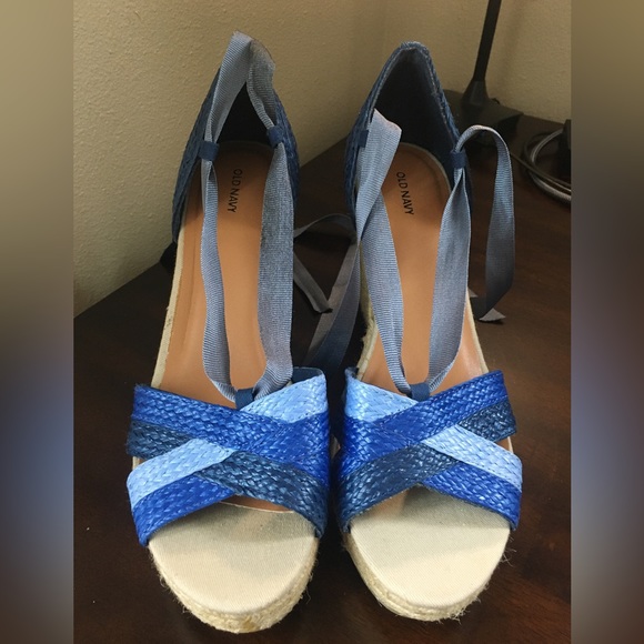 NWOT OLD NAVY Lace Up Espadrille Wedge Peep Toe Blue Sandals - Size 10 - Picture 10 of 15